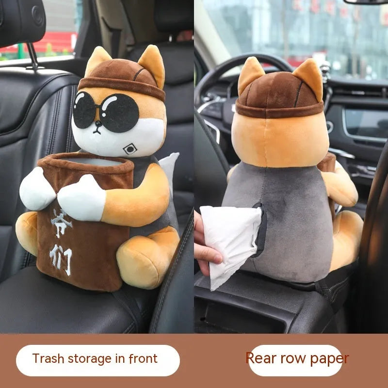Plush fabric car tissue box for flip armrest showing Man Dog character design