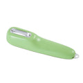 Dark green kitchen peeler with storage tube and stainless steel blade for vegetables