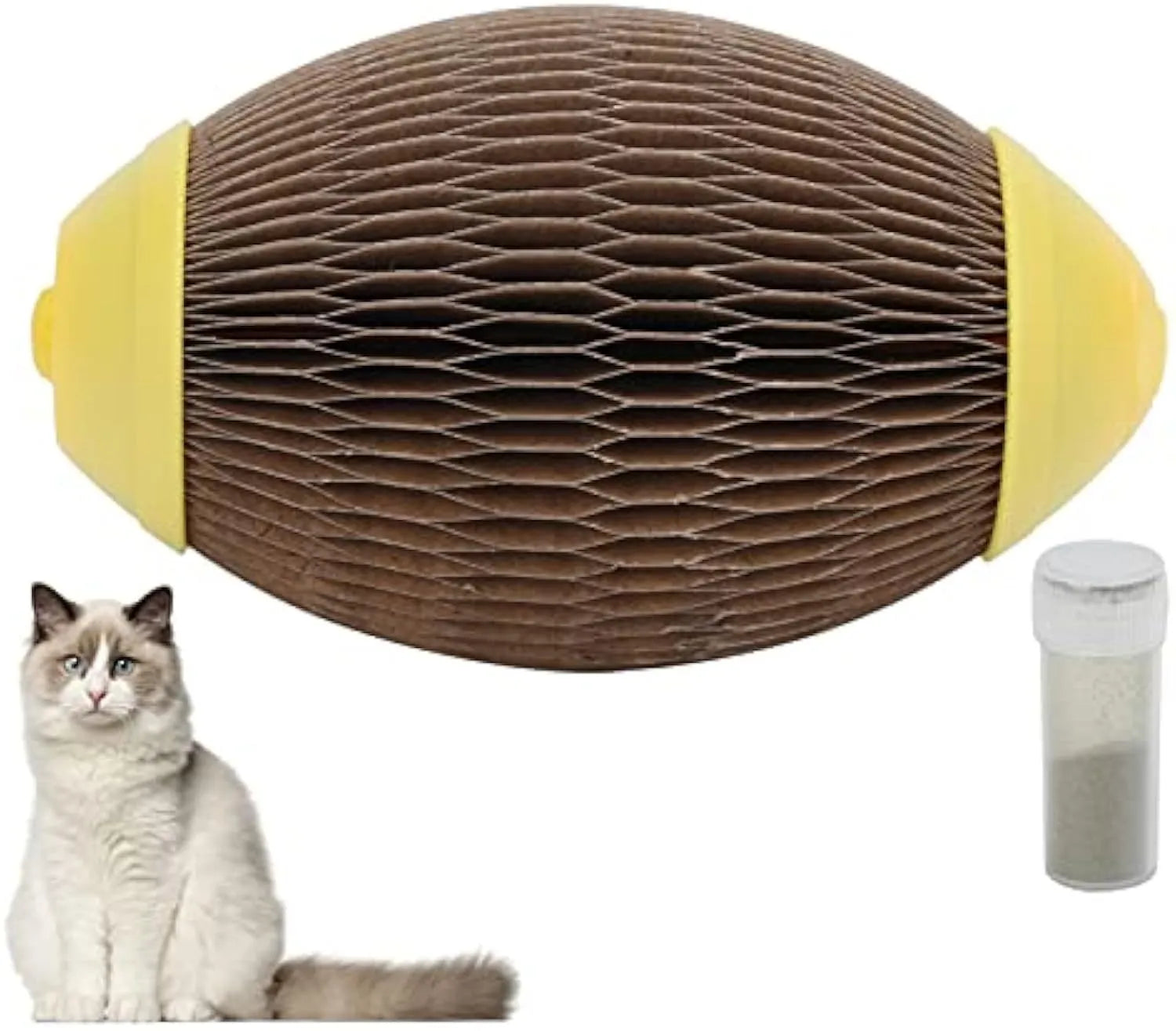 Elliptical corrugated paper catnip ball toy with scratching surface for feline play