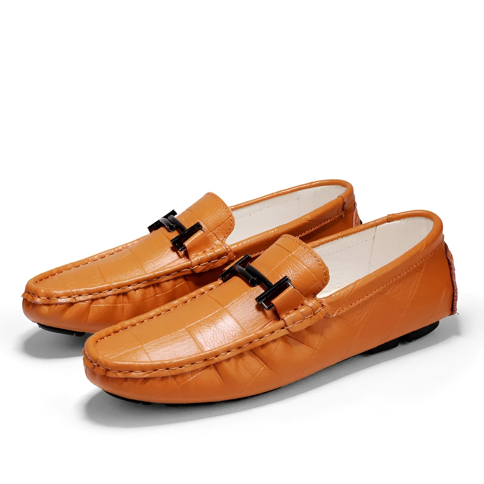 Men's casual leather shoes with cowhide upper, flat rubber sole, and belt buckle detail in multiple colours