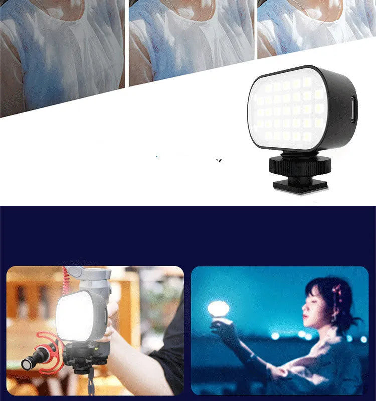 Black ST-30 handheld mobile phone fill light unit with diffuser and colour palettes.