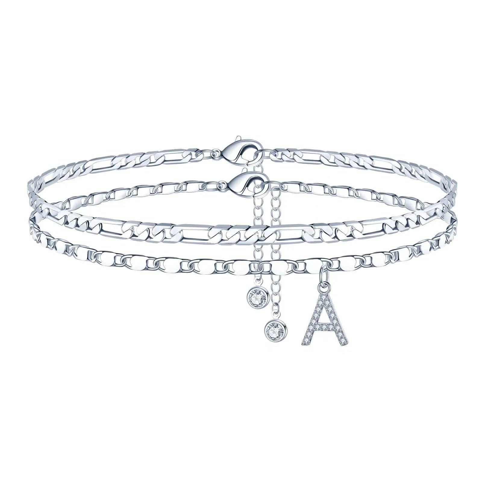 Silver-coloured copper anklet with a double-circle bead engraved with a letter.