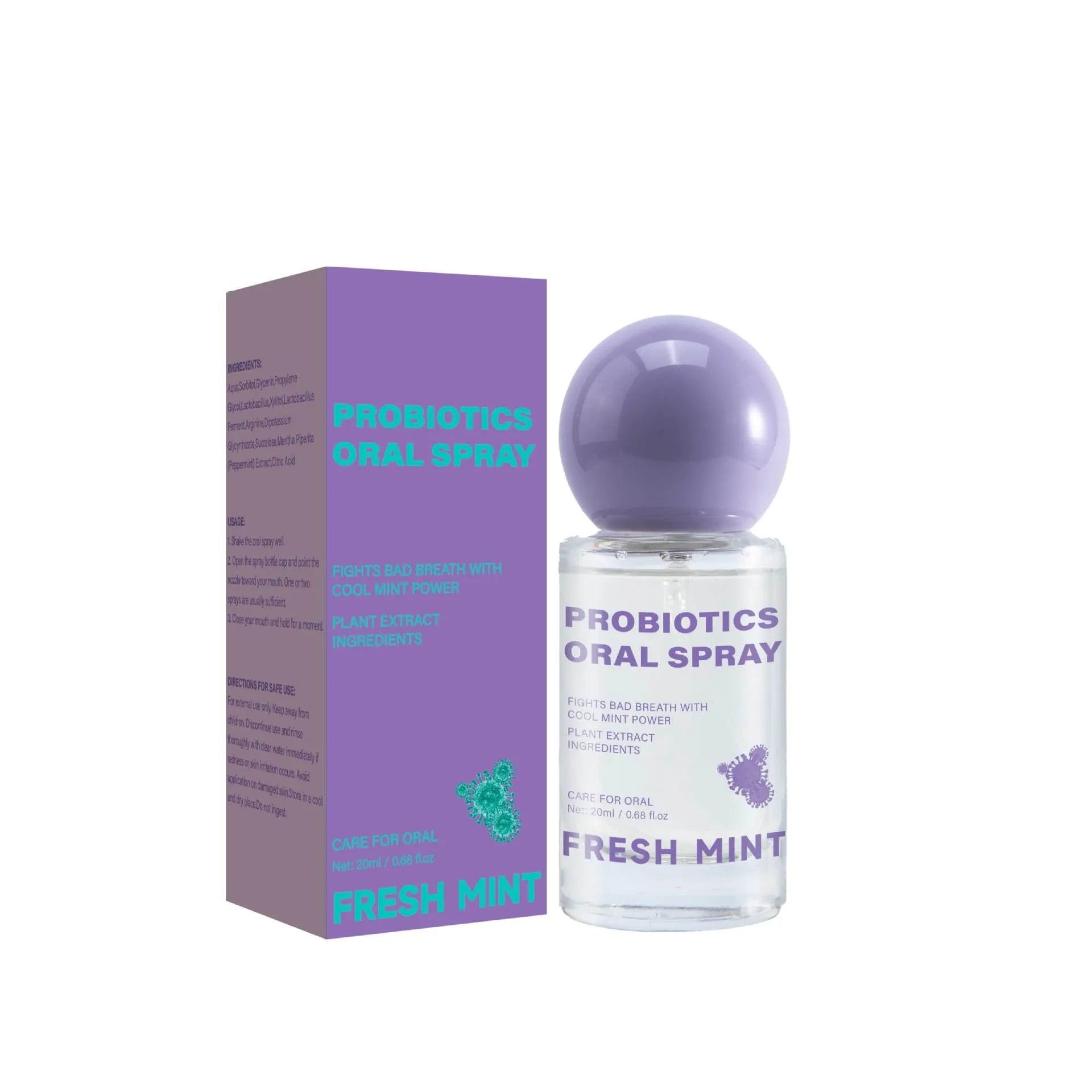 Portable probiotic oral spray 20ml in a white bottle with blue cap on a clean background