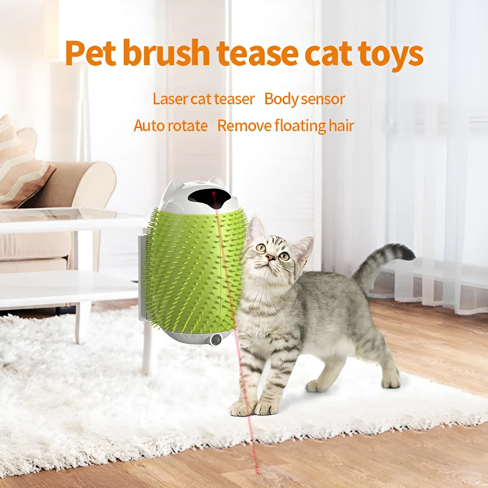 Salmon pink intelligent sensor automatic cat hair brush and massager toy on a plain background