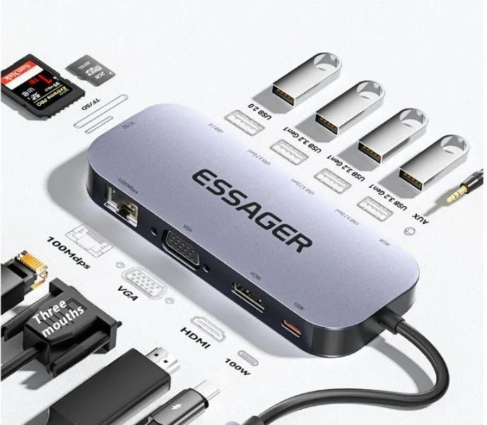 Silver 11-in-1 USB-C expansion hub with Gigabit Ethernet, HDMI, USB ports, and a 20cm attached cable.