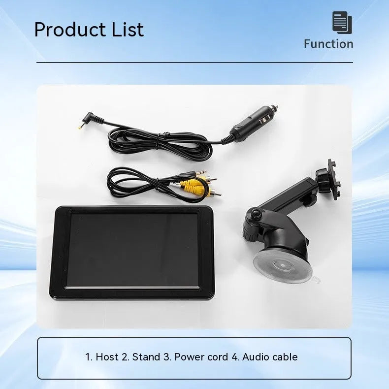 Black 7-inch car MP5 player with mounting bracket and cables on a dashboard.