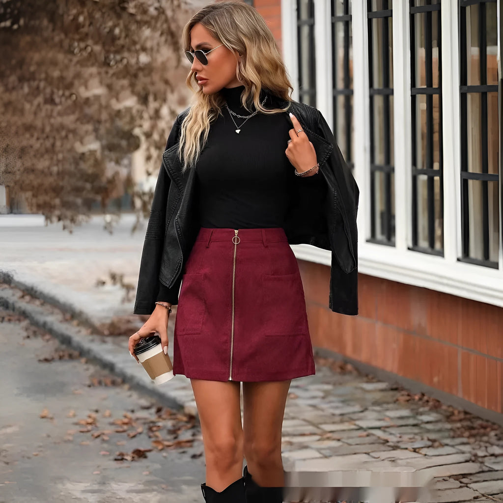 Women's high waist short skirt with stitching detail and front zipper in four colour options