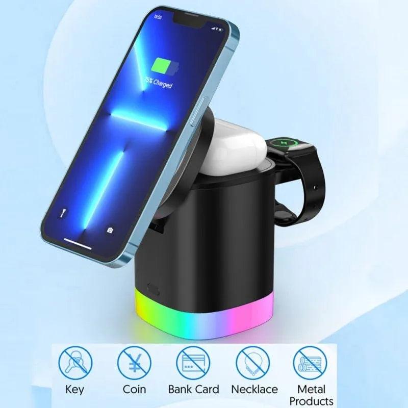 Black foldable 3-in-1 magnetic wireless charging station cube for iPhone, Apple Watch and AirPods