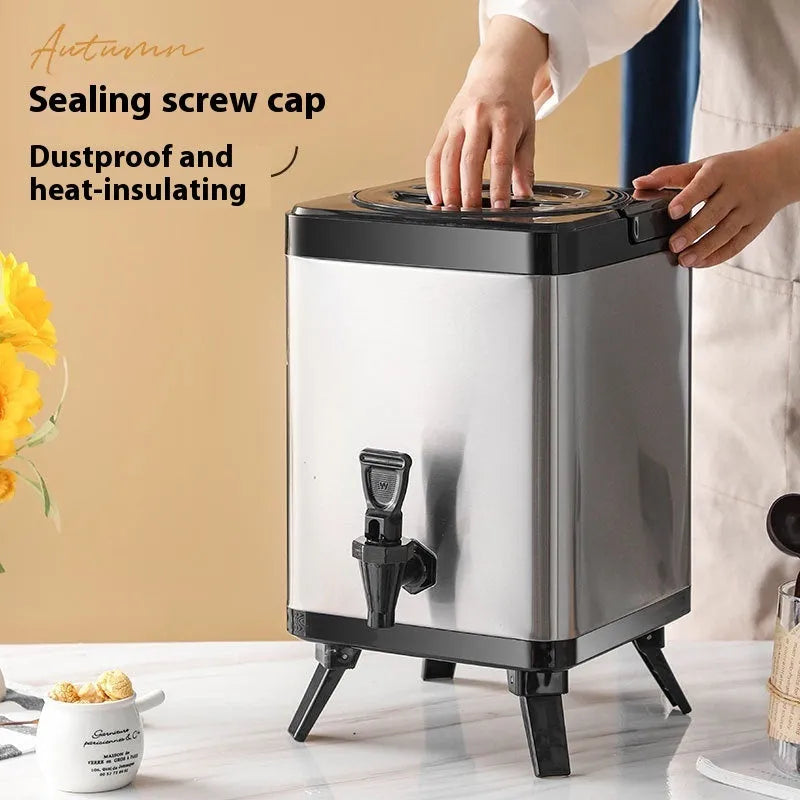 Silver stainless steel commercial milk tea bucket with square lock lid, 8 litre capacity.