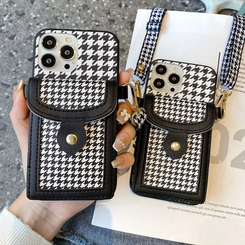 Houndstooth pattern TPU PC phone case with card lanyard for iPhone models
