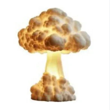 Modern art mushroom cloud atomic explosion shaped USB table lamp on a desk.