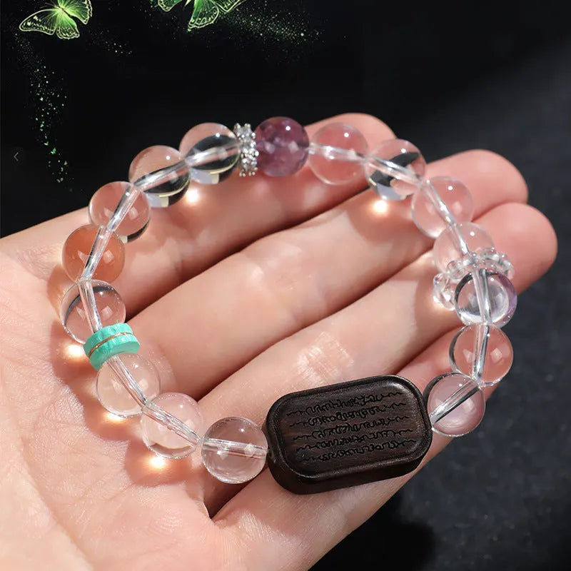 Handcrafted white crystal ebony five warp bracelet with ethnic design on blackwood