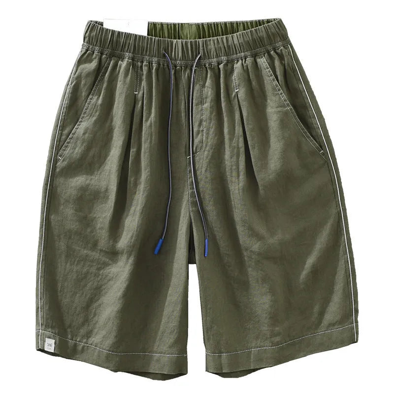 Men's straight-leg linen shorts in black or green with drooping style and drawstring mid-waist.