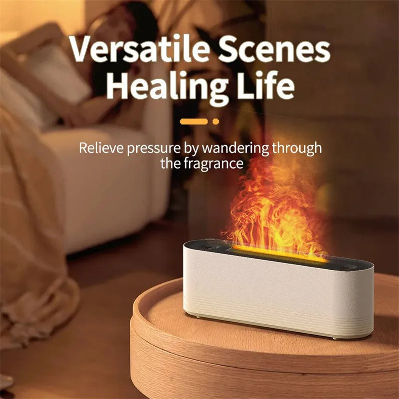 Black ultrasonic humidifier diffuser with 7-colour LED flame lighting effect and water mist emission
