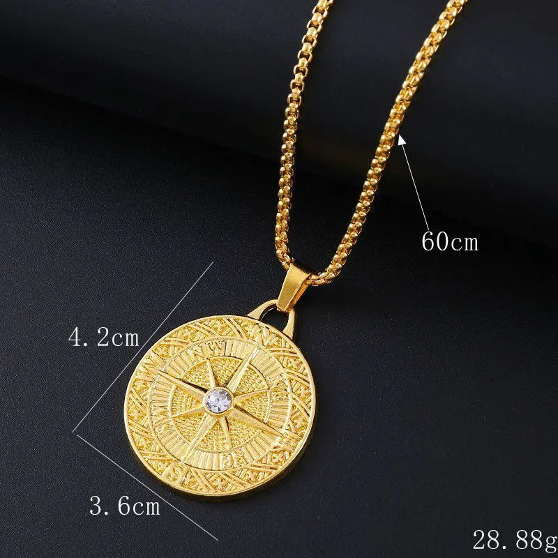 Gold geometric women's necklace with inlaid zircon stones on an alloy pendant.
