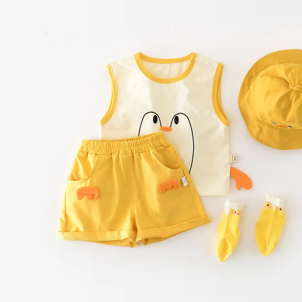 Infant toddler yellow cotton blend vest set with Big White Goose cartoon blouse and shorts