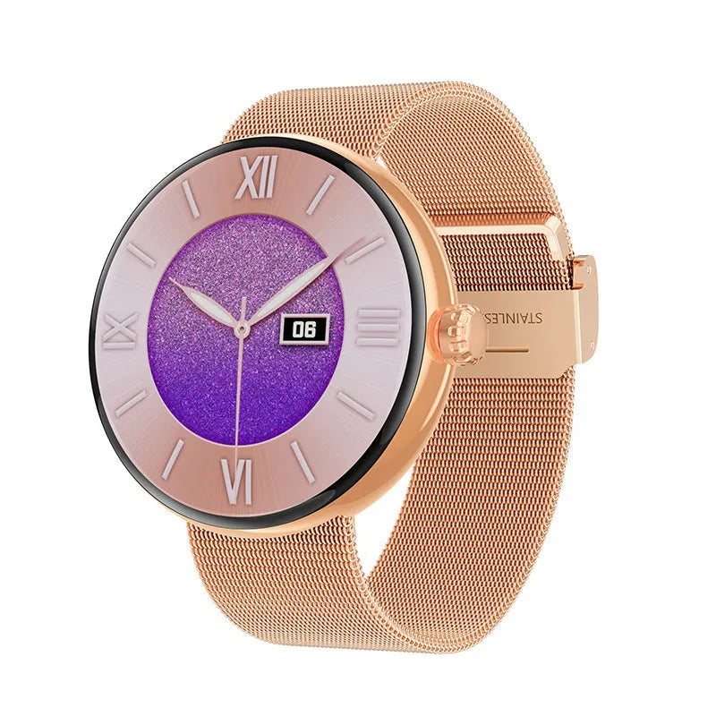 Women's smart watch with circular colour screen, metal strap, and aluminium alloy case