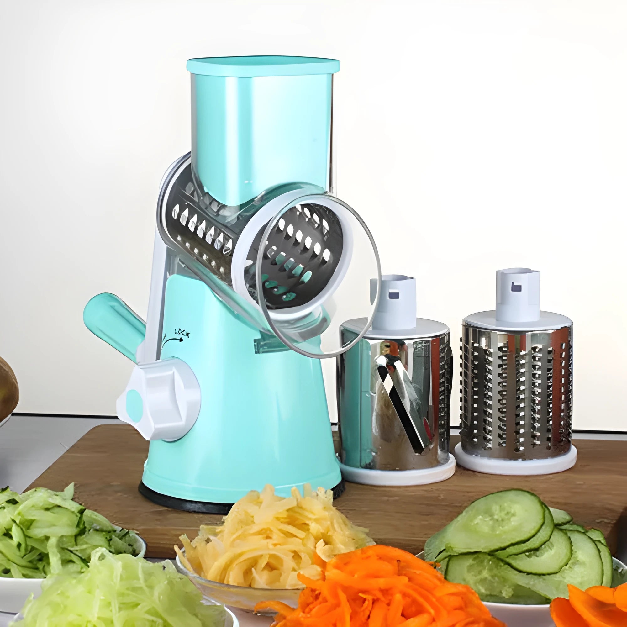 Blue manual mandoline vegetable slicer with stainless steel blade on a kitchen counter.
