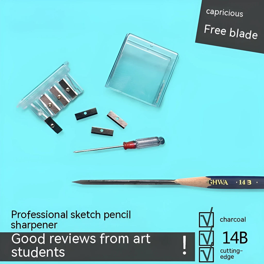 Geometric plastic pencil sharpener with four holes and an included screwdriver for blade maintenance.