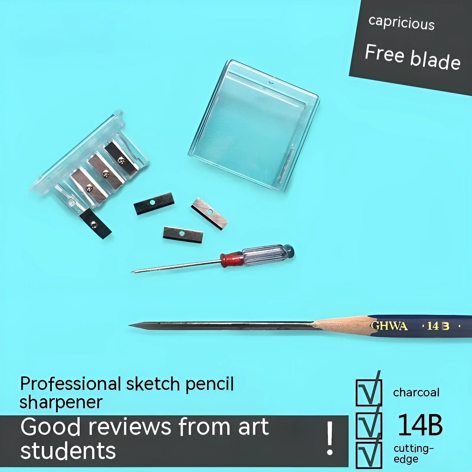 Geometric plastic pencil sharpener with four holes and an included screwdriver for blade maintenance.