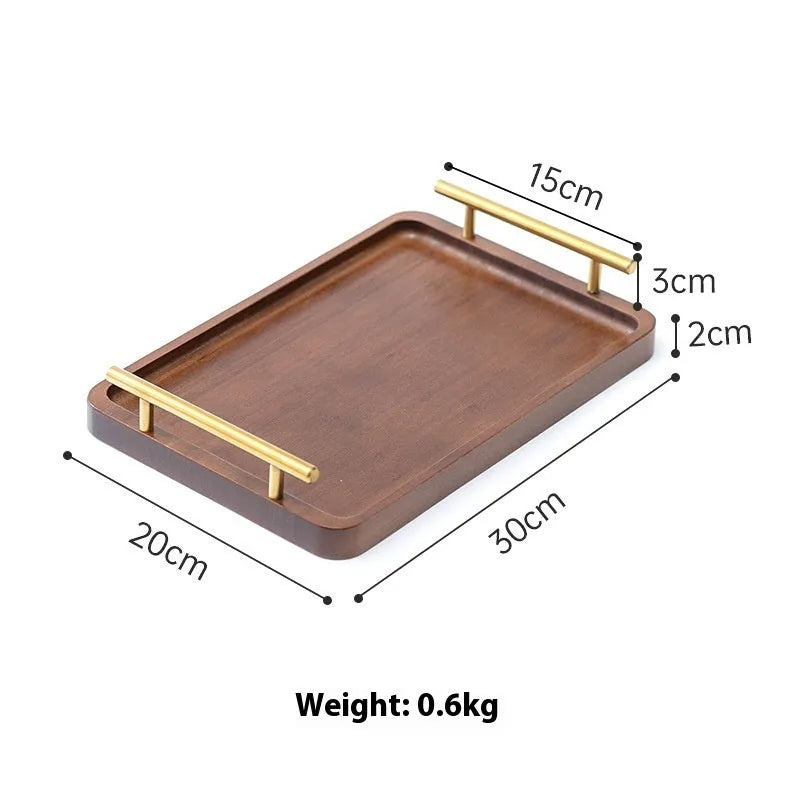 Square bamboo serving tray with brown handle for restaurant or hotel use