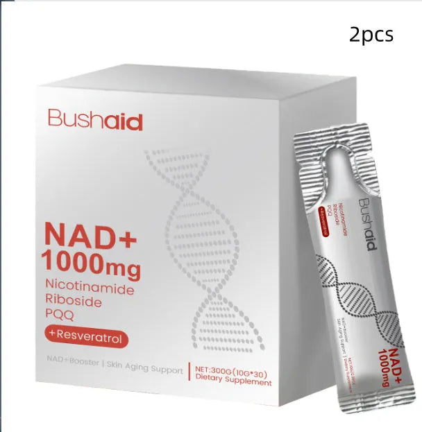 Two-bottle pack of an anti-ageing dietary supplement drink containing nicotinamide riboside and resveratrol.