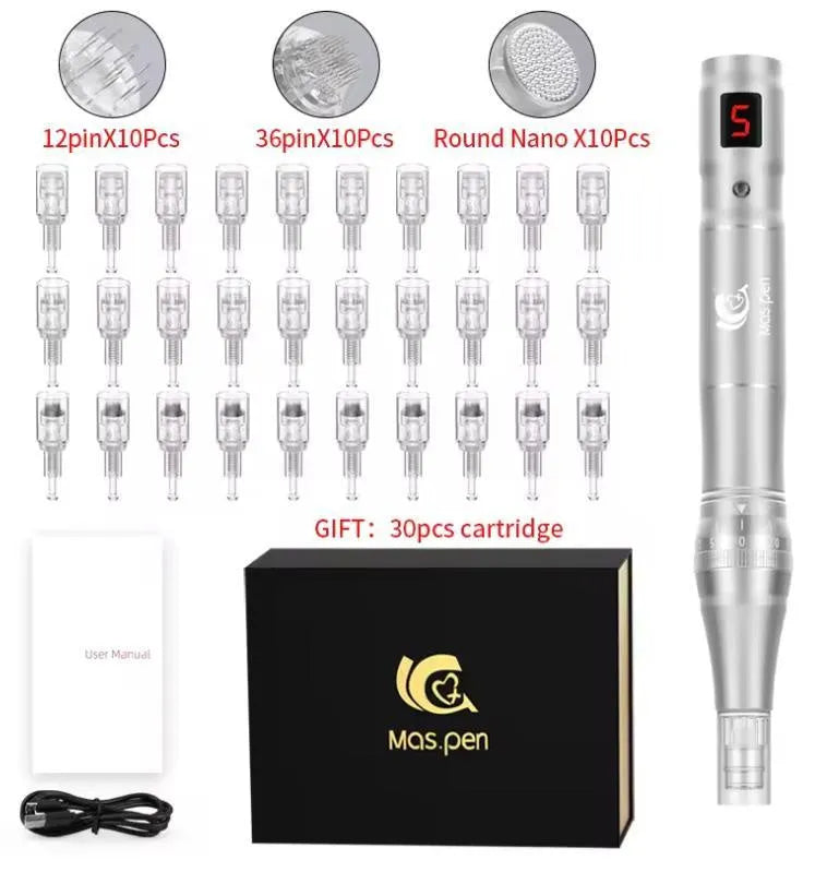 Electric microneedle pen device with spiral mouth and 30 heads inside a metal storage case