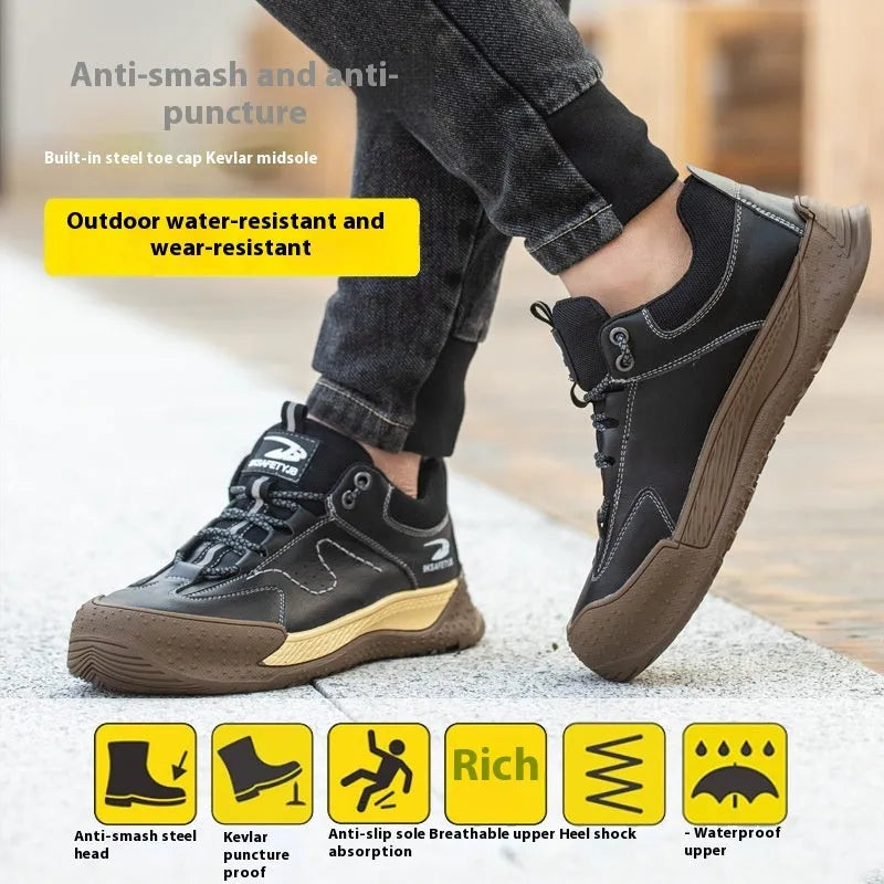 Men's black leather work safety shoes with a rubber sole and Flyknit-style upper on a work site background.