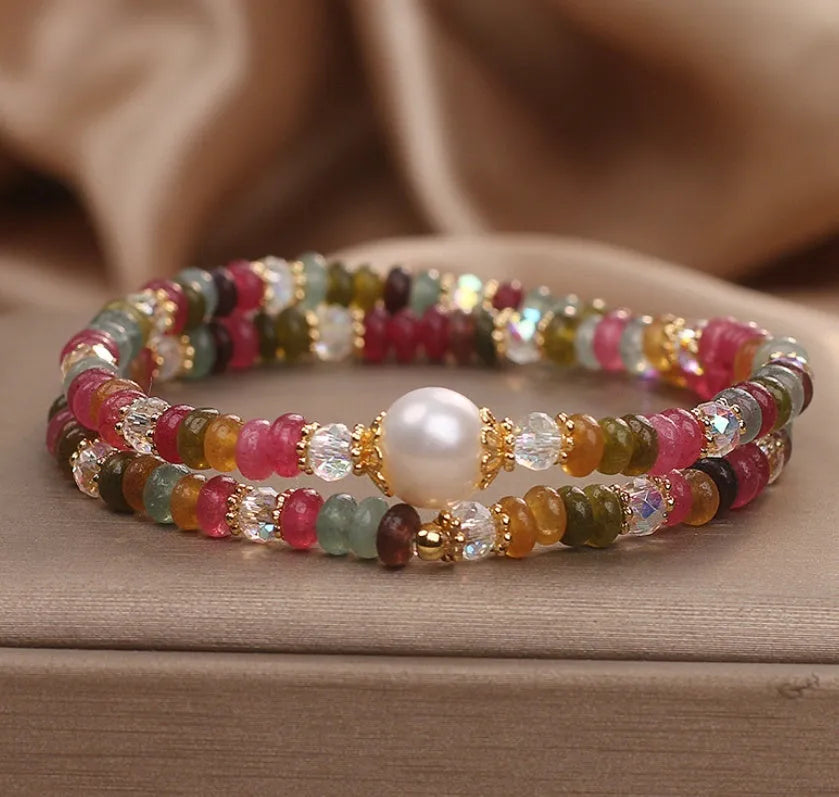 Natural stone tourmaline beaded crystal bracelet for women ethnic style adjustable jewellery
