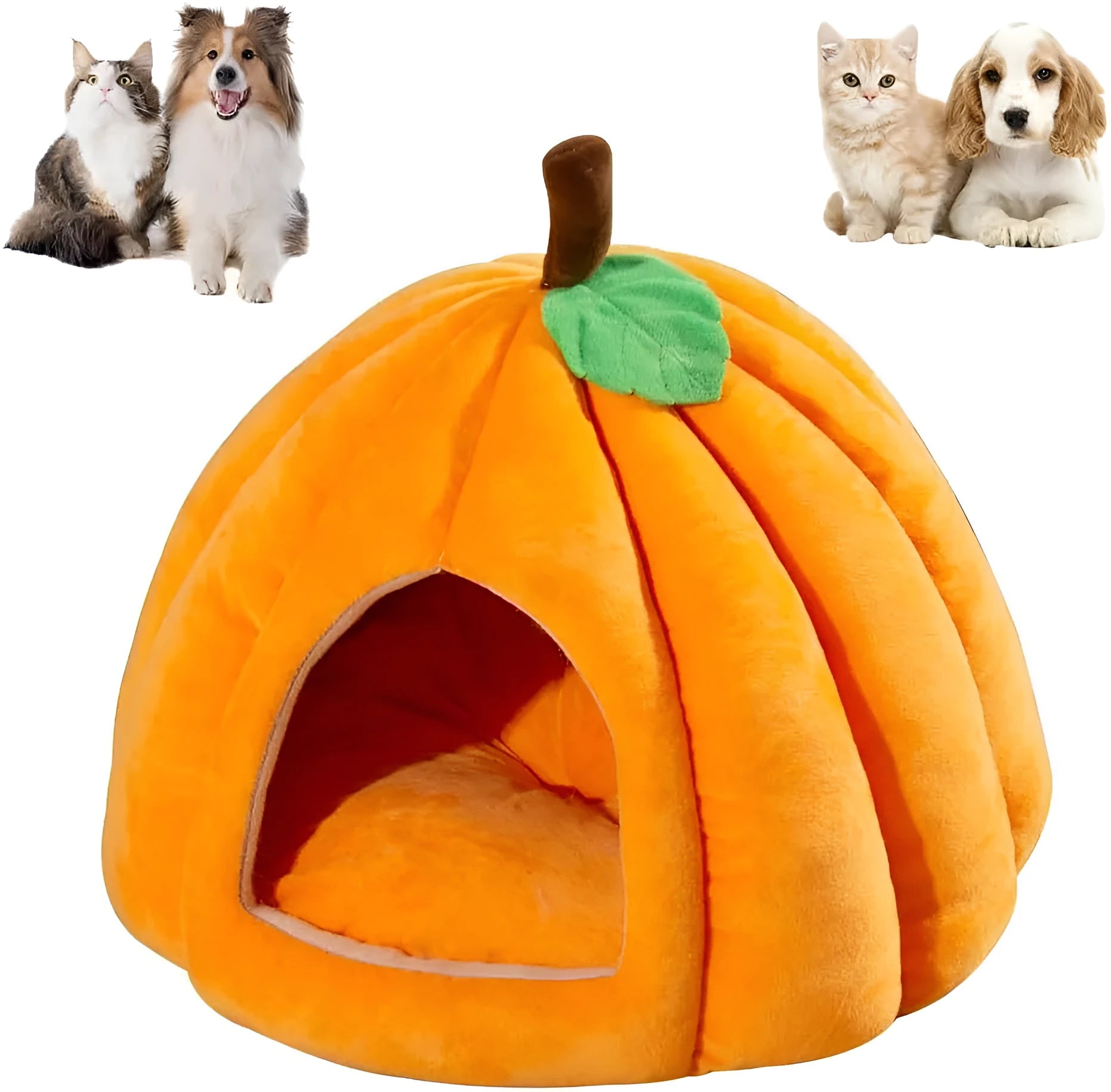 Grey pumpkin-shaped cat cave bed with plush fabric, shown with a small cat inside.