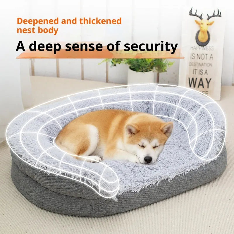 Winter warm pet plush large kennel for dogs, gray, oval open nest 100x75x18cm