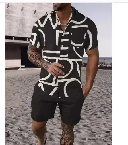 Black and white striped Hawaiian men's pullover shirt and shorts set on a model, loose fit, short sleeves.