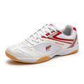 White and blue table tennis shoes with mesh panels and rubber sole on a court surface.