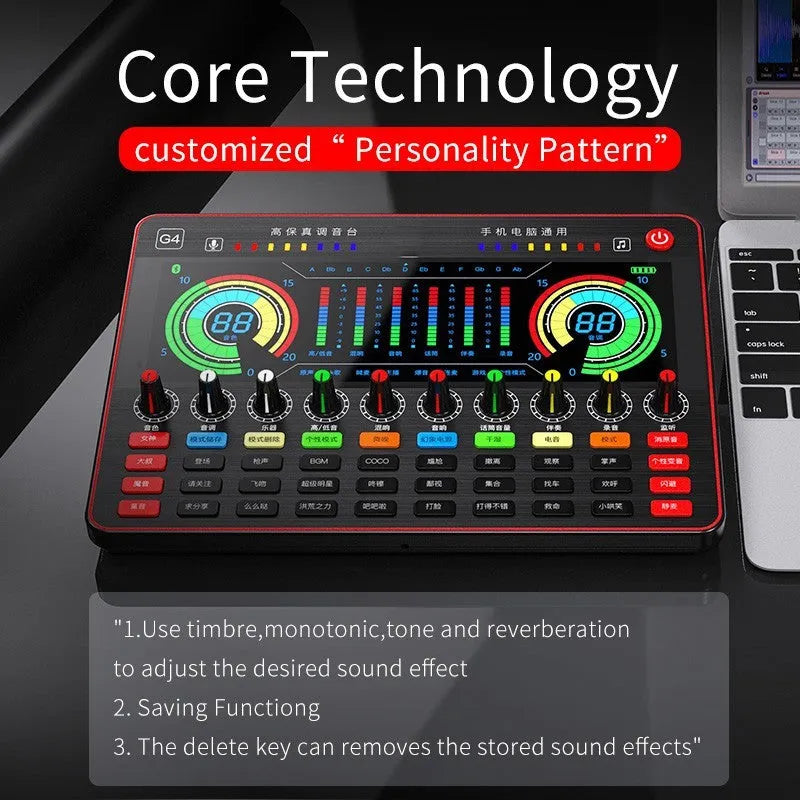 G4 professional live sound card mixer with colourful LCD screen and microphone on a desk.