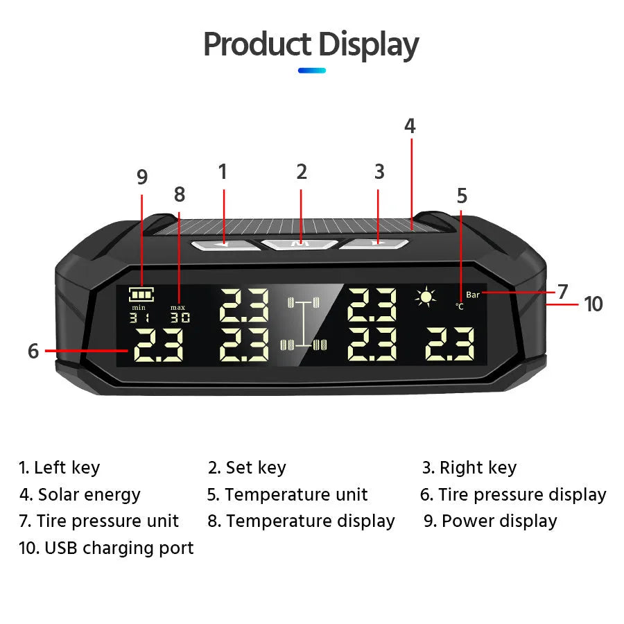Solar-powered external tyre pressure monitoring system with a colour LCD display unit and six sensors for RVs and trucks.
