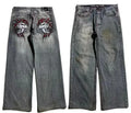 Men's grey washed-out wide-leg jeans with a retro workwear design and straight-leg silhouette.