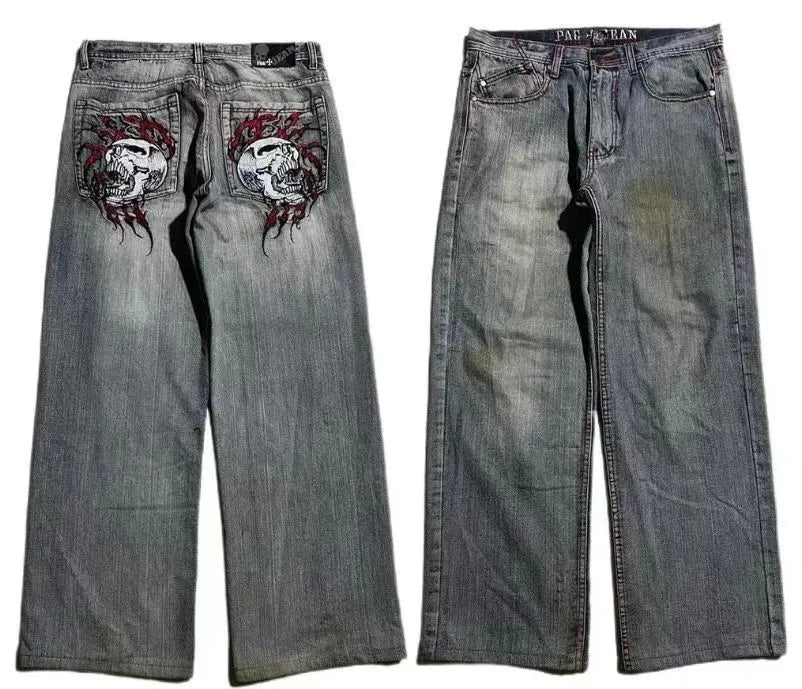 Men's grey washed-out wide-leg jeans with a retro workwear design and straight-leg silhouette.