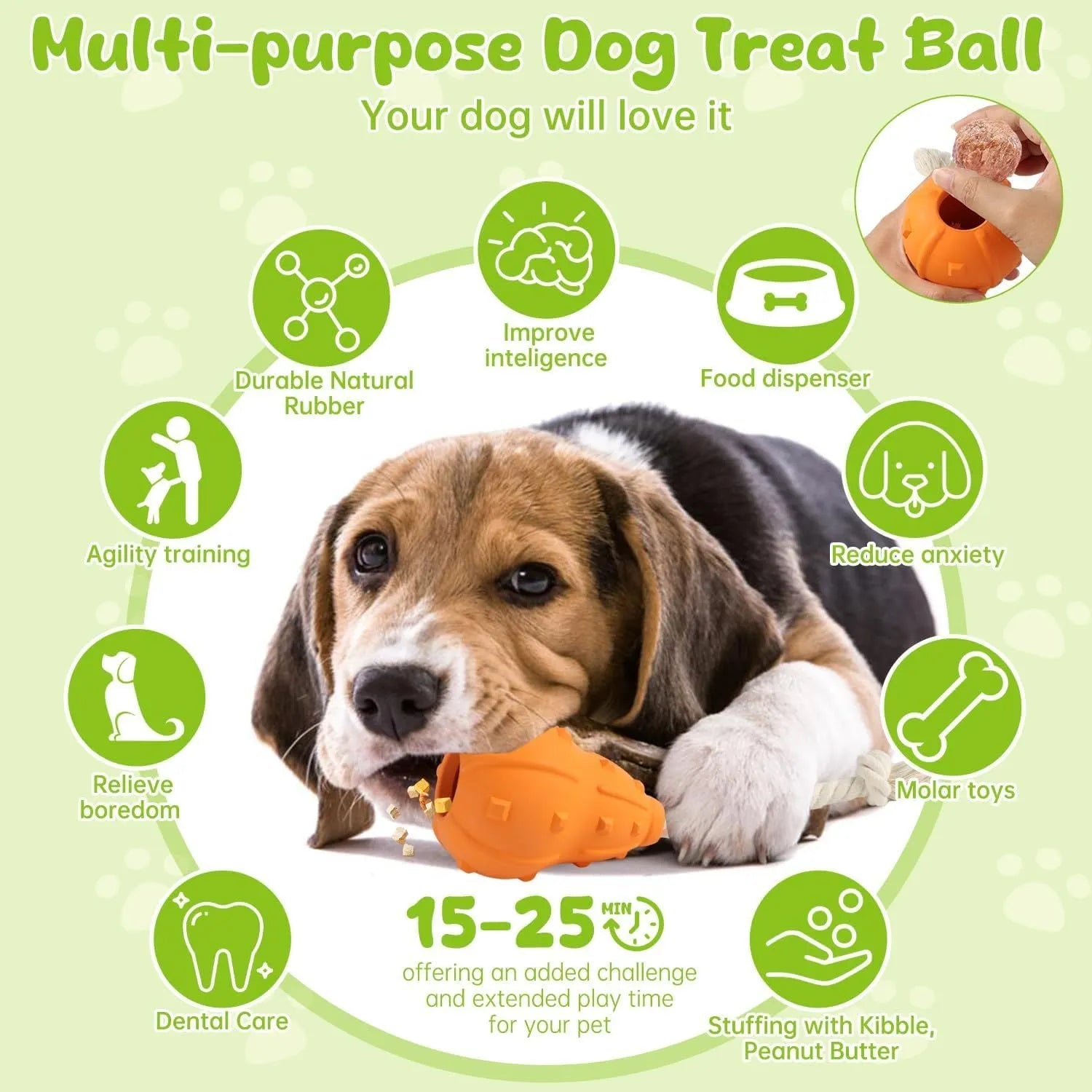 Natural rubber stuffable dog toy with a long strap for fetching, shown next to a measure showing 30cm length.