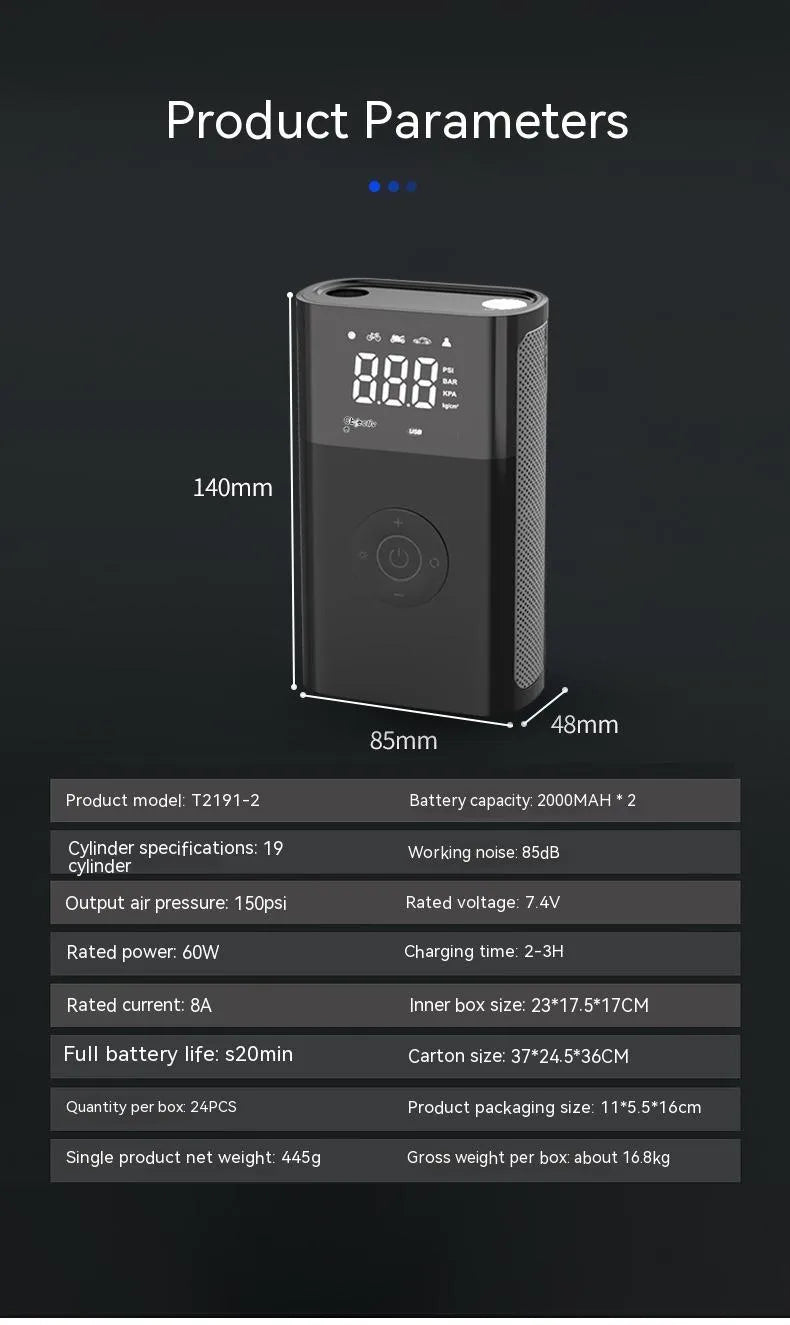 Wireless handheld digital tyre inflator with LCD screen, pressure gauge, and assorted nozzle attachments on a black background.