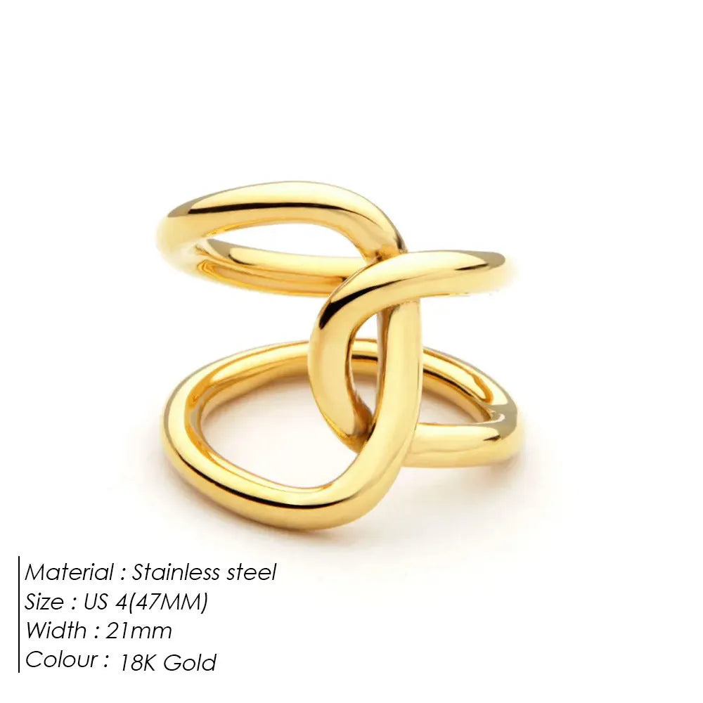 Adjustable knotted stainless steel ring for women in gold or steel colour, showing U-shaped geometric design.