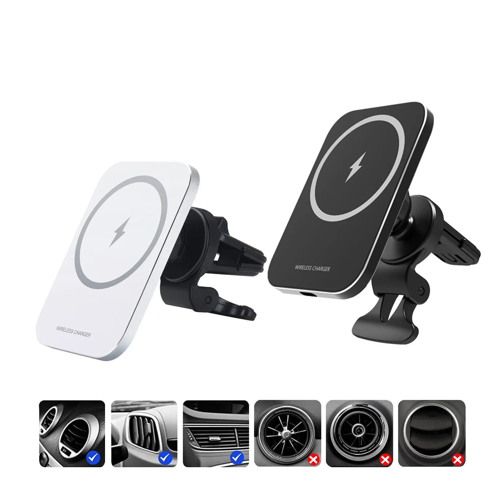 Black magnetic wireless car phone holder with king bracket, charging an iPhone