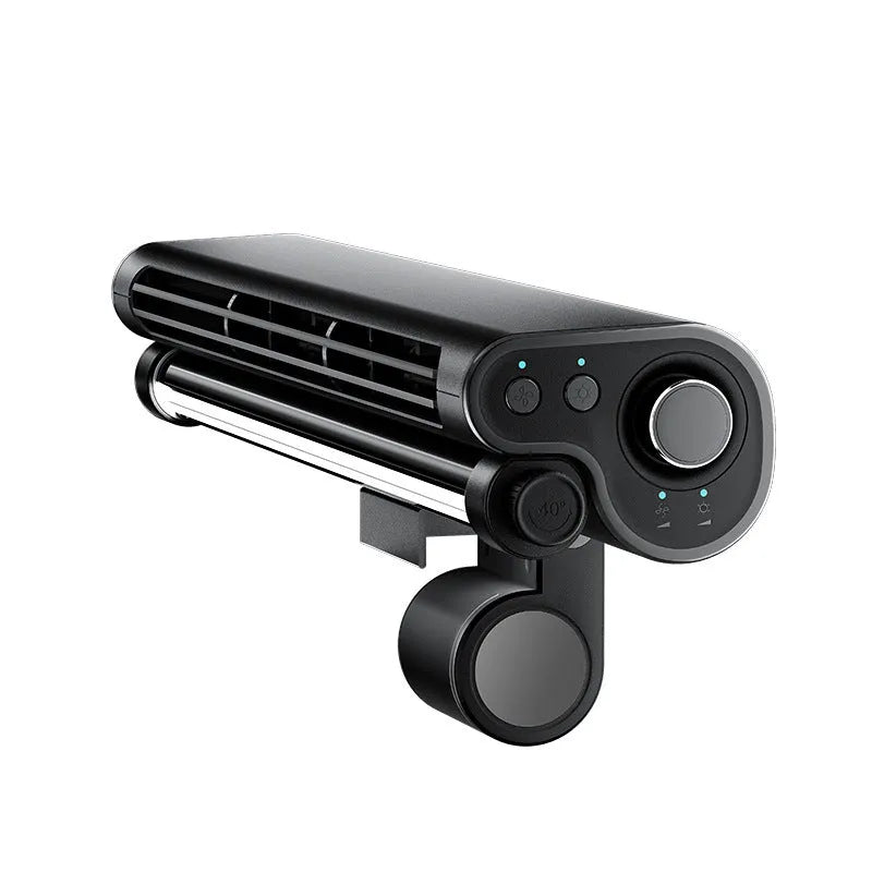 Black USB-powered bladeless fan clipped to a laptop screen with an integrated lighting lamp.