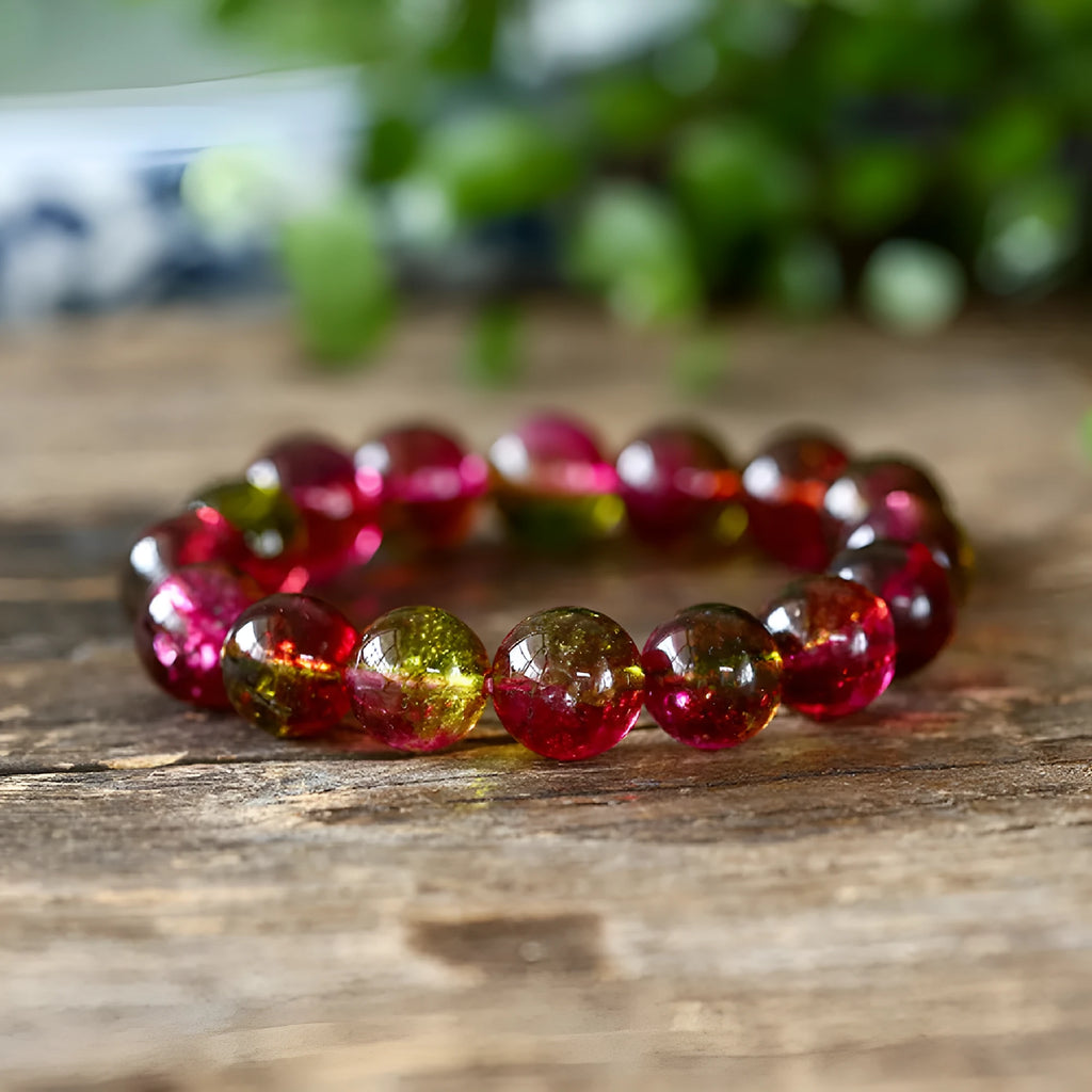 Women's handcrafted watermelon crystal bracelet showing four bead size options from 6mm to 12mm