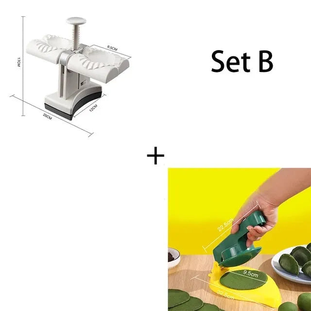 White double-head manual dumpling maker mould made from stainless steel and plastic with an anti-slip base.
