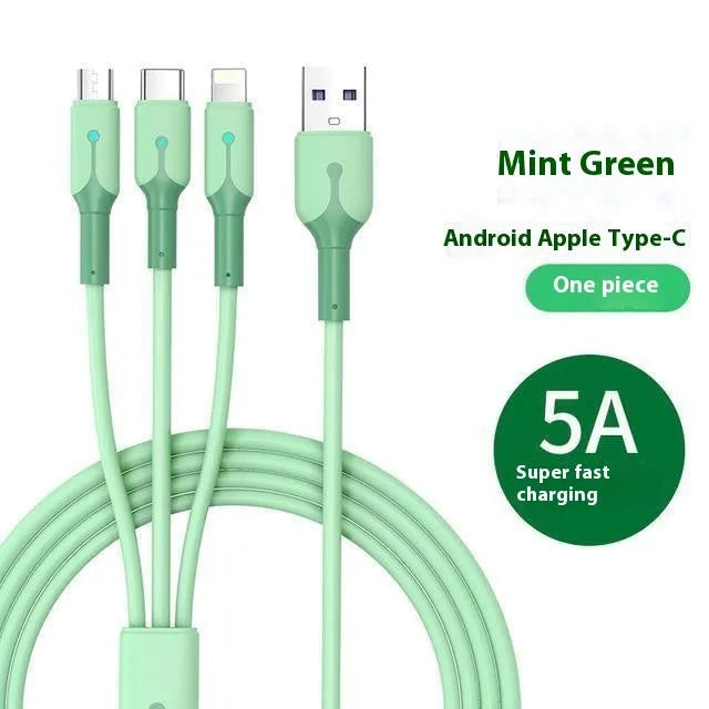 5A Super Three-in-one silicone charging cable with Lightning, Micro USB, and TYPE-C connectors in blue