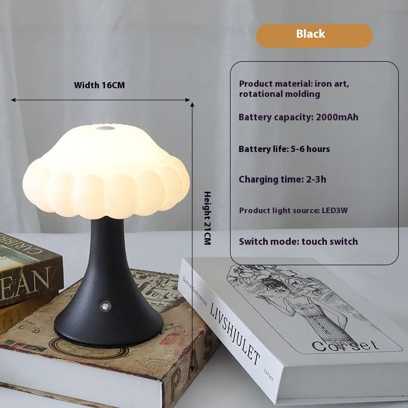 Small mushroom-shaped rechargeable night light in wood grain colour with touch control on desk.