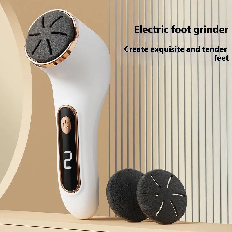 Electric foot grinder in ivory white with oval pumice stone head and USB charging port
