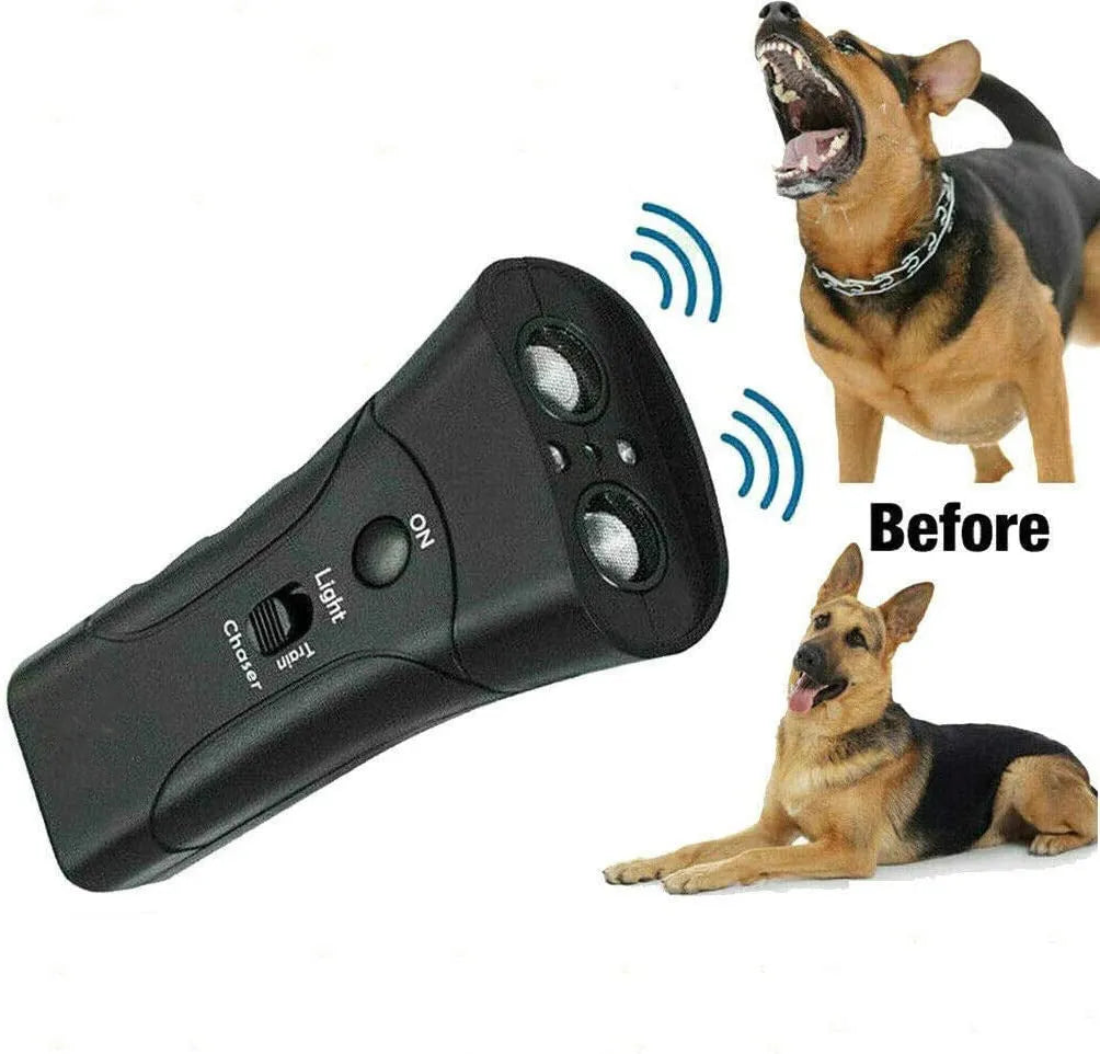 Ultrasonic dog repeller 3 in 1 ABS device with 125dB output, shown in double-head and single-head styles, 14x6x3cm.