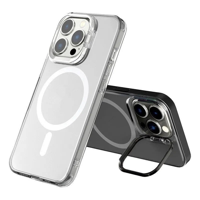 Metal invisible bracket phone case frosted magnetic protective cover for iPhone 12 to 15 series in black colour