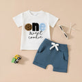 Baby boys' embroidered pullover short-sleeved shirt and pants set in white and blue, cotton knit fabric